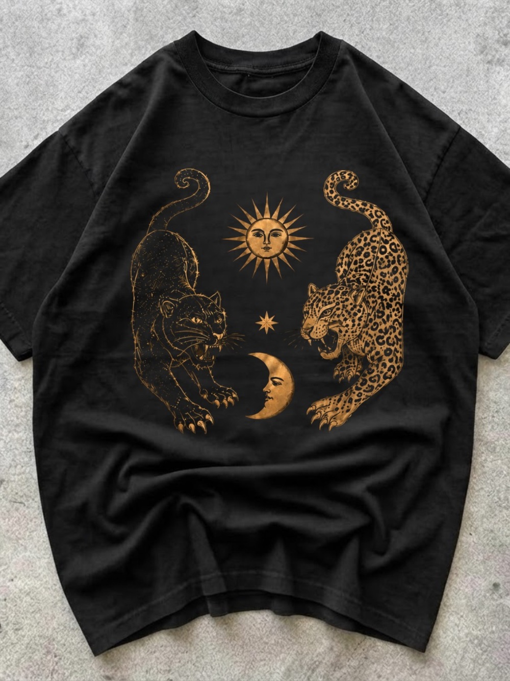 Black Graphic Tee with Gold Celestial Panthers
